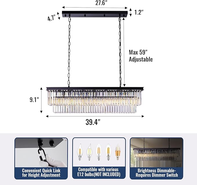 Rectangle Dining Crystal Chandelier, L39 Hanging Pendant Light with Adjustable 59" Wire, K9 Crystals, E12 Bulbs Base, Modern Ceiling Light Fixture for Kitchen Island