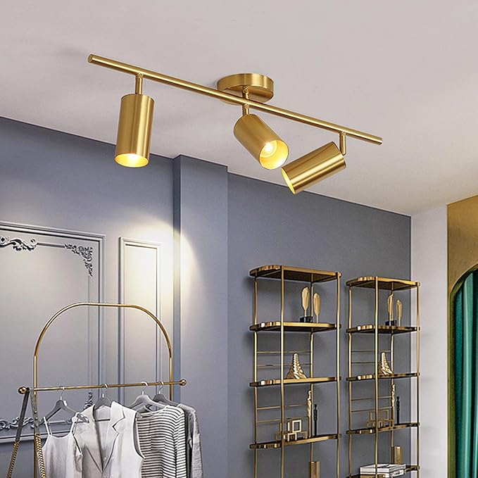 BOKT Brushed Brass Gold 3-Lights LED Adjustable Track Lighting Kit Mid Century Modern 3 Way Flush Mount Ceiling Spotlight Kitchen Track Ceiling Light Fixture