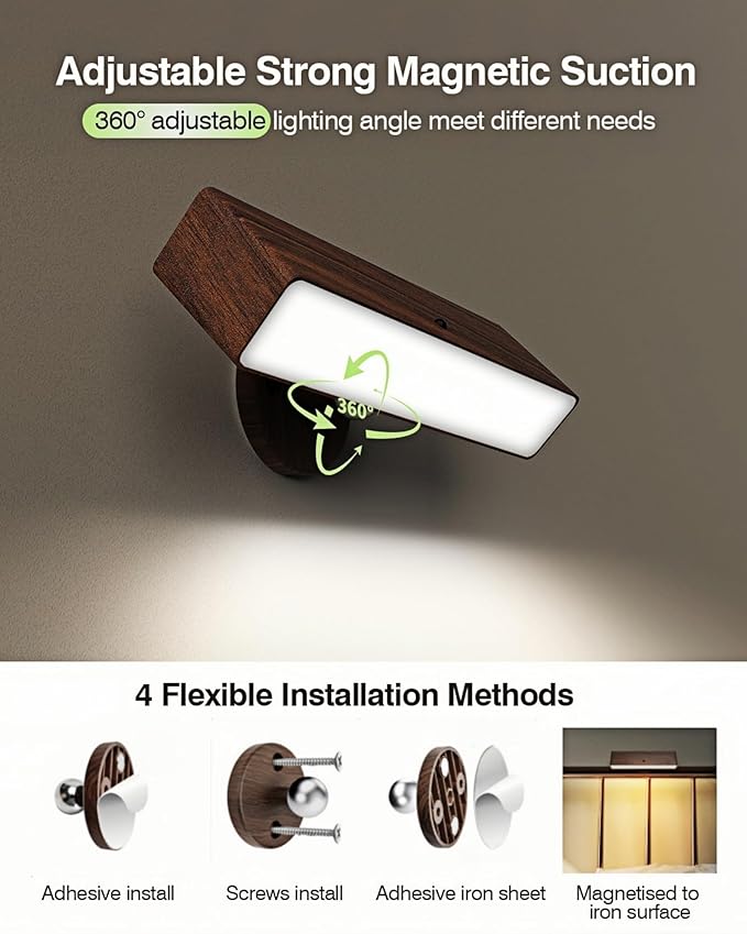 Battery Operated Wall Sconces Set of 2: Wireless Rechargeable Wall Light with Remote&Button, 360° Rotate Magnetic Scone Lighting LED Wall Mount Sconce Lamp for Bedroom Bedside Reading, Wood