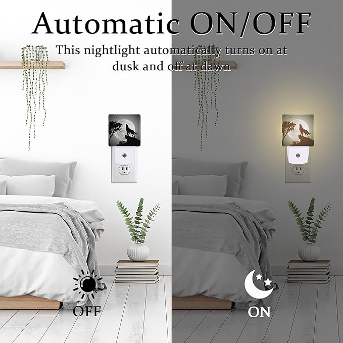 Full Moon with Howling Wolf Night Light for Kids,Majestic Wolf Under Serene Moonlight Night Light Plug in with Dusk to Dawn Sensor,0.5w Energy Saving Nightlight for Hallway Stairway Kitchen Bedroom