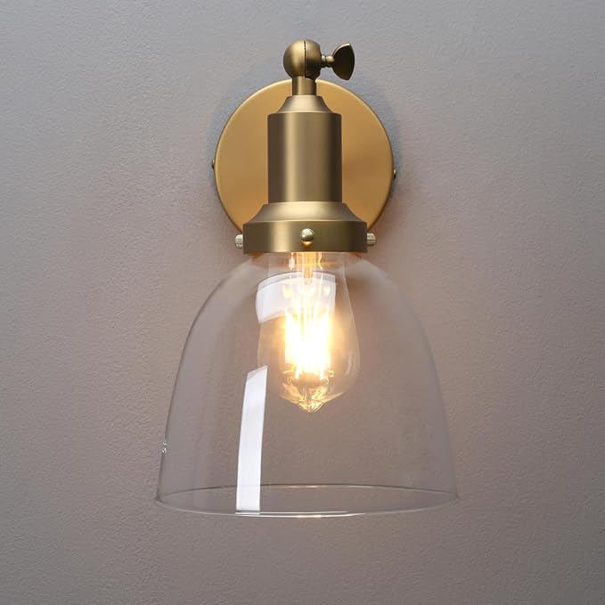 PERMO Industrial Vintage Slope Pole Wall Mount Single Sconce with 6.7" Oval Dome Clear Glass Shade Antique Gold Wall Sconce Light Fixture