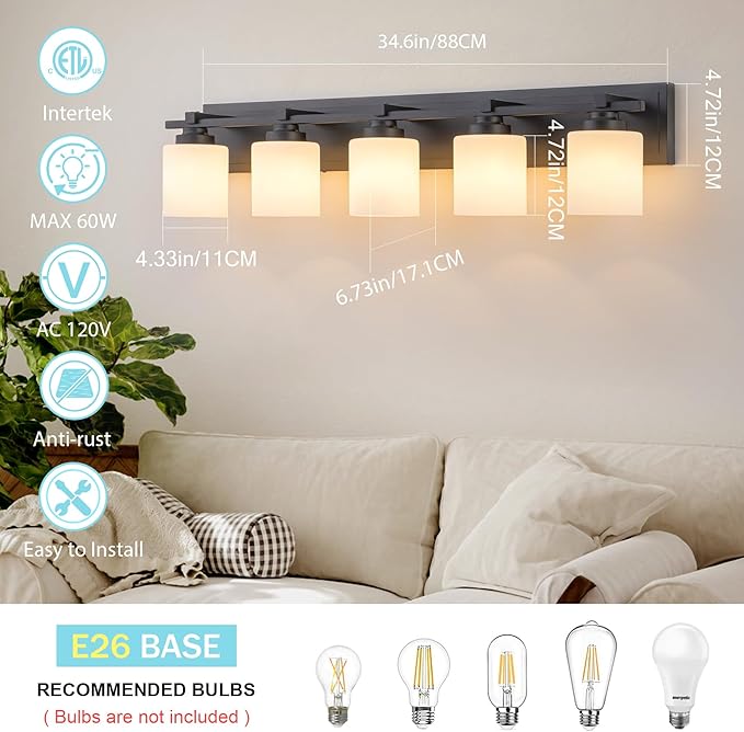 5 Light Modern Bathroom Light Fixtures Over Mirror, Black Vanity Lights for Bathroom Wall Sconces with Milky White Glass Shades, E26 Socket (Bulbs Not Included)