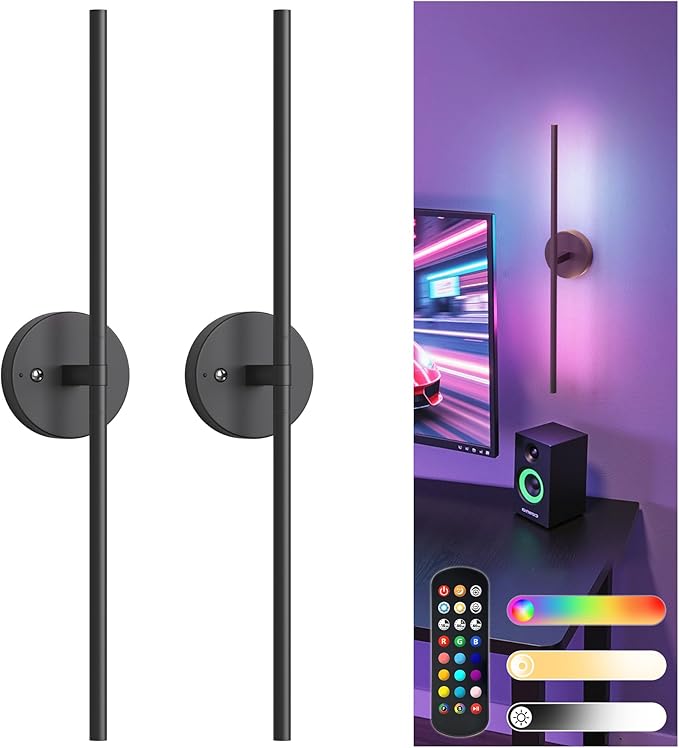 L LOHAS LED Battery Operated Wall Sconces Set of 2, Battery Wall Sconce 10000mAh, Black Rechargeable Sconces 3CCT + RGB, 23.5 Inch Wireless Wall Lights, Sconce Wall Decor for Bedroom, Living Room