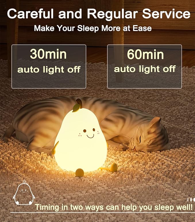 HAPPYBAG Cute Silicone Night Light for Kids,Dimmable Nursery Pear Lamps,Kawaii Room Decor Fruit Night Light Bedside Lamp for Baby and Toddler