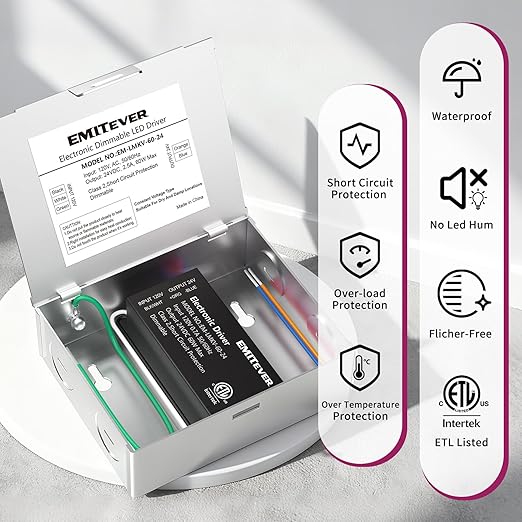 EMITEVER 60W 24V Dimmable LED Driver, Electronic Transformer, 120V AC to 24V DC Power Supply, Compatible with Lutron & Leviton Switches Dimmer for LED Strips Smooth Dimming, Class 2, ETL Certified