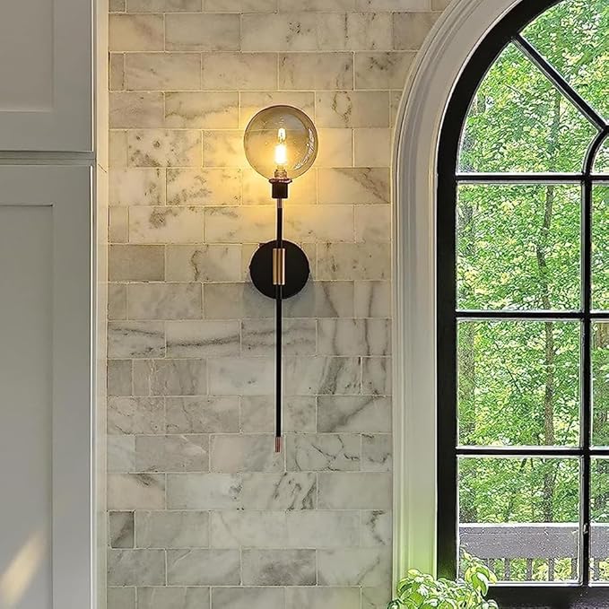 KCO Lighting Modern Glass Globe Wall Sconce Light Set of Two Brass and Black Large Light Contemporary Smoke Glass Hallway Long Sconce Wall Light Set of 2