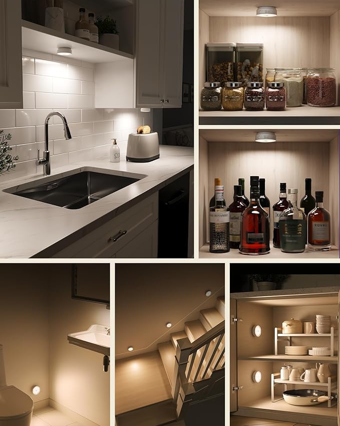 EZVALO 8 Pack Motion Sensor Closet Lights, 1200mAh Rechargeable LED Night Lights, Under Cabinet Lights, Puck Light, Dimmable, 3 Color Temps, Magnetic, Stick on for Kitchen, Stairs, Bathroom
