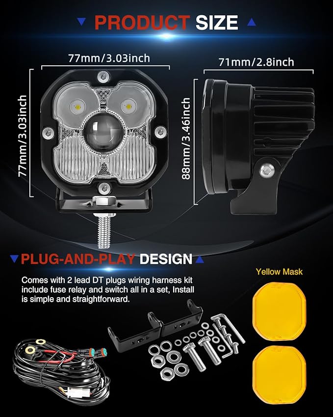 3 inch LED Light Pods for Offroad/Truck/Pickup/Motorcycle/UTV Super Bright Driving Lights 6000K White 2PCS(+DT Wiring Harness)