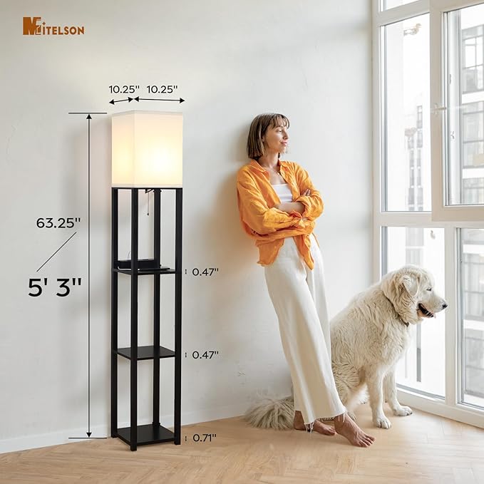 Floor Lamp with Shelves and USB, USB-C & Power Outlets, Shelf Lamp with Charging Station, Modern Square Lamps for Living Room, Standing Floor Lamp for Bedroom and Office, Tall Lamp, Black