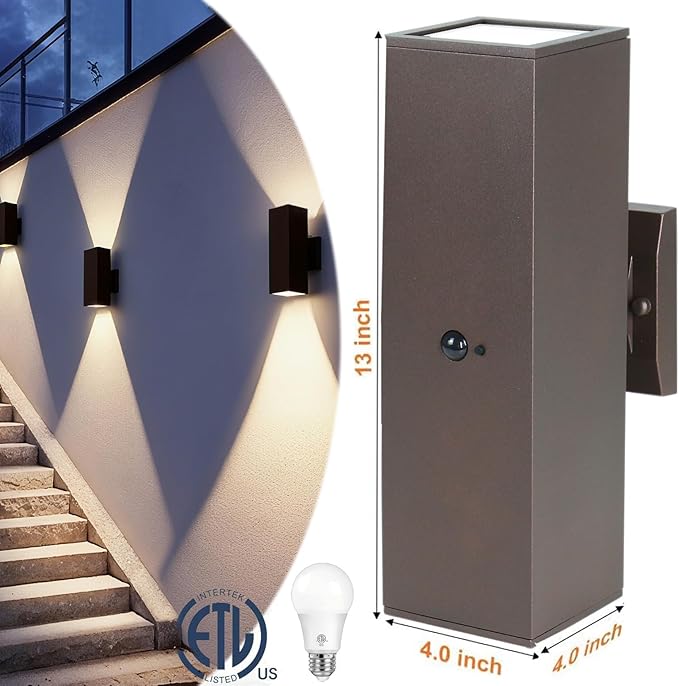 Motion Sensor Outdoor Wall Lights 2-Pack, Dusk to Dawn Exterior Light Fixtures with 3 Lighting Modes, 13'' Up Down Porch Lights with 15W LED Bulbs, Waterproof Wall Sconce for House, Patio, Garage