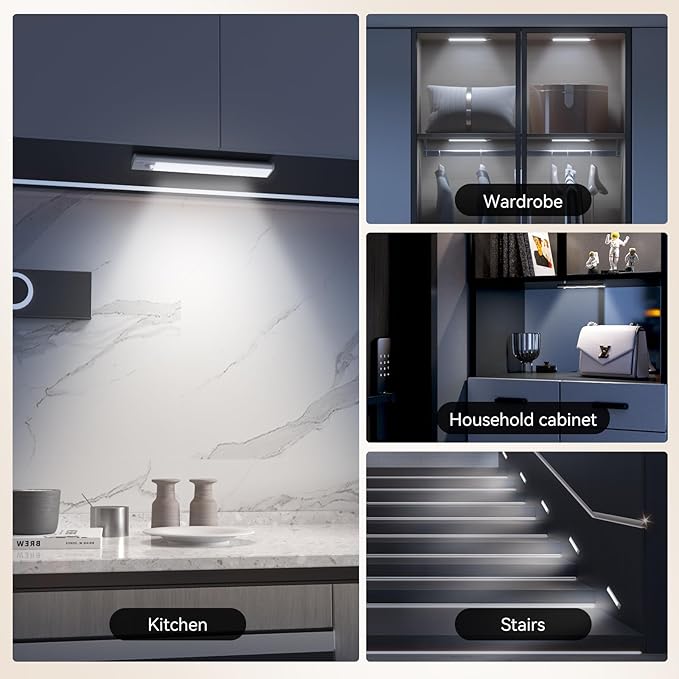 Under Cabinet Lighting, 3 Color Magnetic Motion Activated Under Cabinet Lights, Rechargeable Closet Lights 1800mAh Battery Operated, Wireless Dimmable Under Counter Lights for Kitchen,Hallway 2 Pack