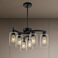 6 Light Modern Farmhouse Chandelier，Black Dining Room Light Fixture，Kitchen Pendant Lights Over Island with Glass Shade