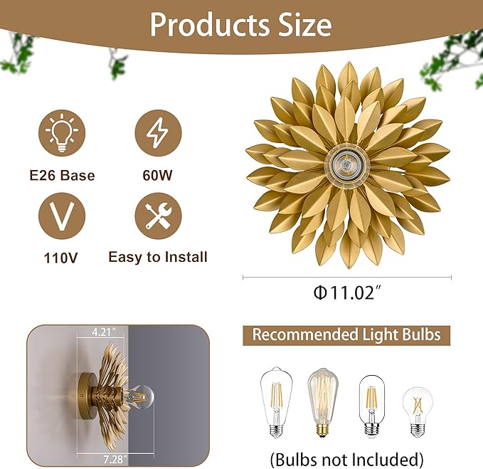 TOCHIC Modern Wall Sconce Set of 2, Gold Leaf Wall Mounted Light Fixture Dimmable, Indoor Wall Lamp Lighting for Bedroom, Living Room, Bathroom Vanity, Hallway, Stairway 11.02"