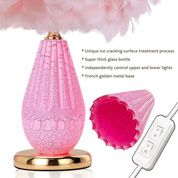 Feather Table Lamp with Cracked Ice Glass Bottle & Gold Base, 2 Separate Lights with Independent On/Off Control, 3-Color Mode Bedside Office Lamp (White)
