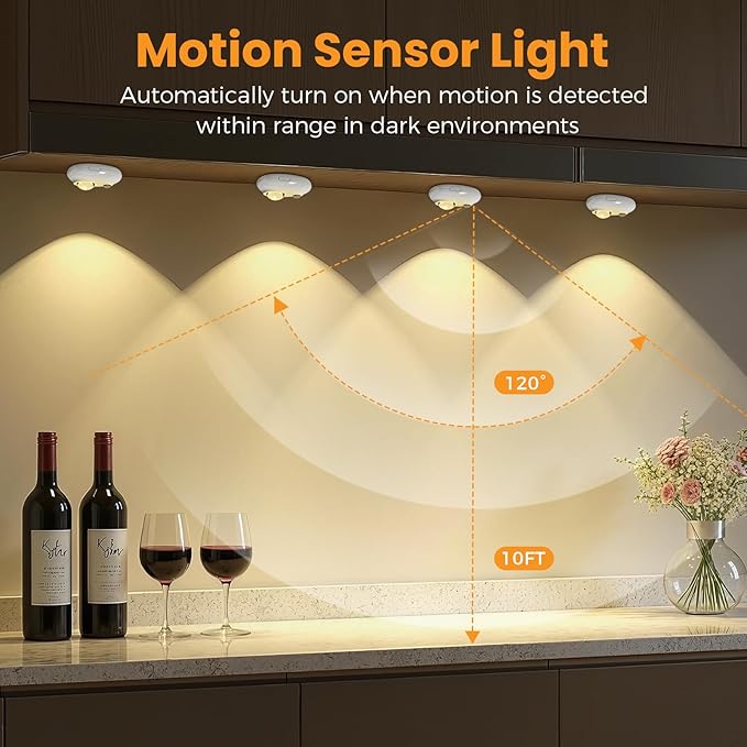 Motion Sensor Puck Lights, 3 Color Temps Dimmable Under Cabinet Lighting indoor, LED Wireless Rechargeable Magnetic Closet Light for Drawer, Shelf, Wardrobe, Kitchen, Hallway (White, 4 Pack)