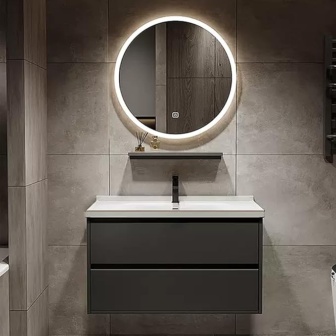 Floating Bathroom Vanity with Sink - LED Smart Defog Mirror | Ceramic Basin, Side Cabinets with Ambient Lighting, Modern Wood Bathroom Cabinet (28'')