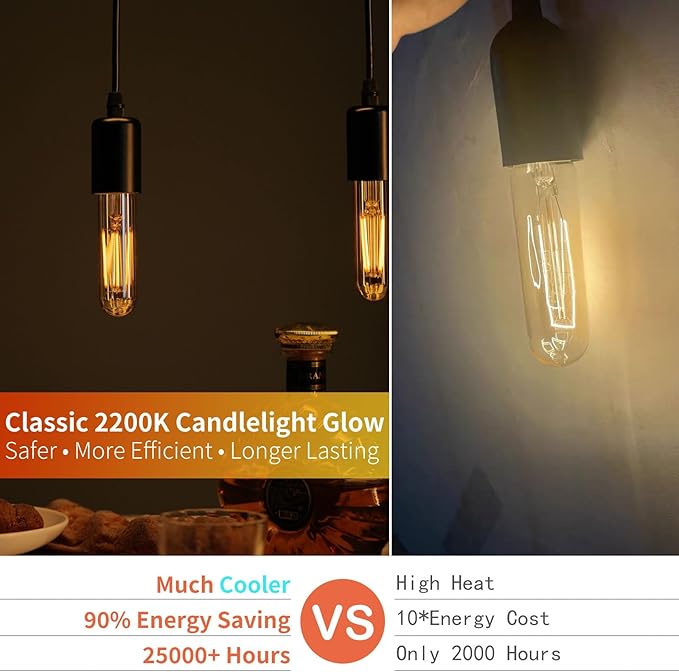 E26 T10 LED Light Bulbs, 5 Inch Vintage Tubular Thin Edison Bulbs, 2200K Candlelight, Amber Glass, 4W(40W Eqv.), Dimmable, Ideal for Bedroom, Dining Room, Accent/Ambient Warm Lighting, 3 Pack
