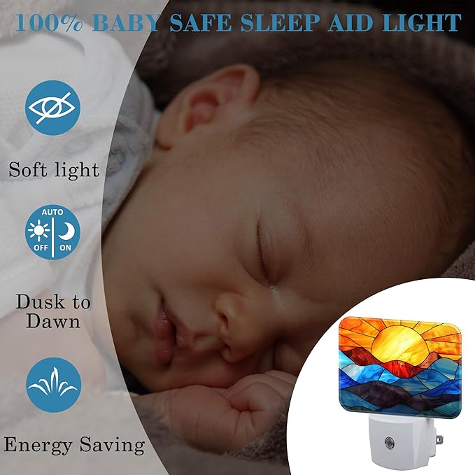 Stained Glass Sunset Night Light Plug into Wall, Colorful Glass Mountains Night Light with Dusk to Dawn Sensor for Kid Girls Boys Women Men Room, Hallway, Kitchen, Bathroom, Stairs Decor
