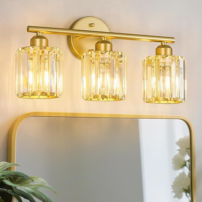 Modern 3 Light Crystal Vanity Light, Gold Vertical Bathroom Light Fixture Over Mirror for Dressing Table Sink, Compatible with Dimmable Bulbs (Bulbs Not Included)