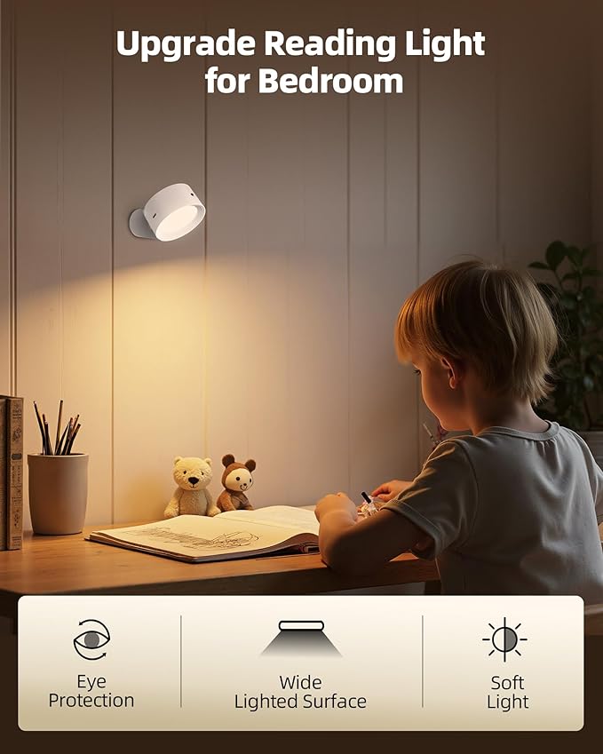 LED Wall Mounted Lights, Rechargeable Wall Sconces Lamp, 3 Color Temps & Remote and Touch, 360°Rotation Dimmable Cordless Wall Light for Study Bedroom Reading Bedside(White, 1 Pack)