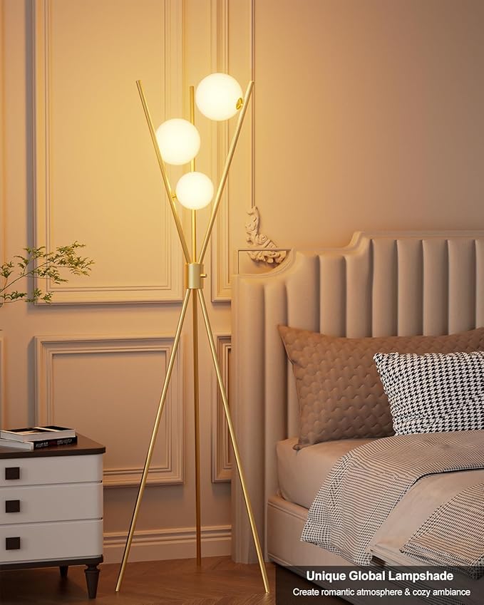 Lightdot Globe Modern Floor Lamp Stepless Dimmable Gold Tripod Standing Lamps with 3PCS 3000K G9 Bulbs Stable Based Mid Century Modern Floor Lamp for Living Room/Bedroom