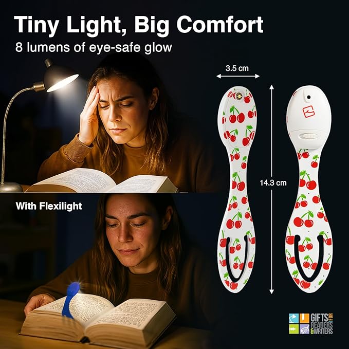 Gifts for Readers & Writers Bookmark Reading Light Cherries -2in1 Clip On Bookmark Mini Book Light for Reading in Bed, Battery Operated Travel LED Book Lights, Flexible 8 Lumen Lights for Books