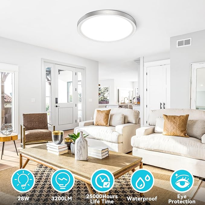 libtit 12 inch Flush Mount LED Ceiling Light Fixture, 3000K 4000K 6500K Adjustable, 28W 3200lm Brushed Nickel Satin Round Ceiling Lamp for Bathroom Shower Hallway Kitchen, 12 Pack