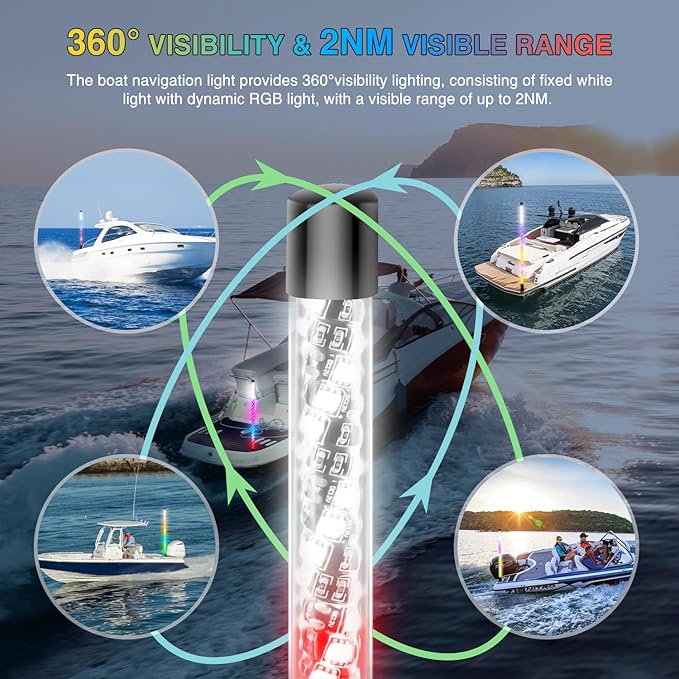 Nilight Boat Navigation Light 4FT Spiral LED Whip Lights 360° Visibility 2NM Coast Guard Compliant 400+ Patterns with Remote Plug-in Base Boats Stern Navlight for Night Fishing, Yacht, Pontoon