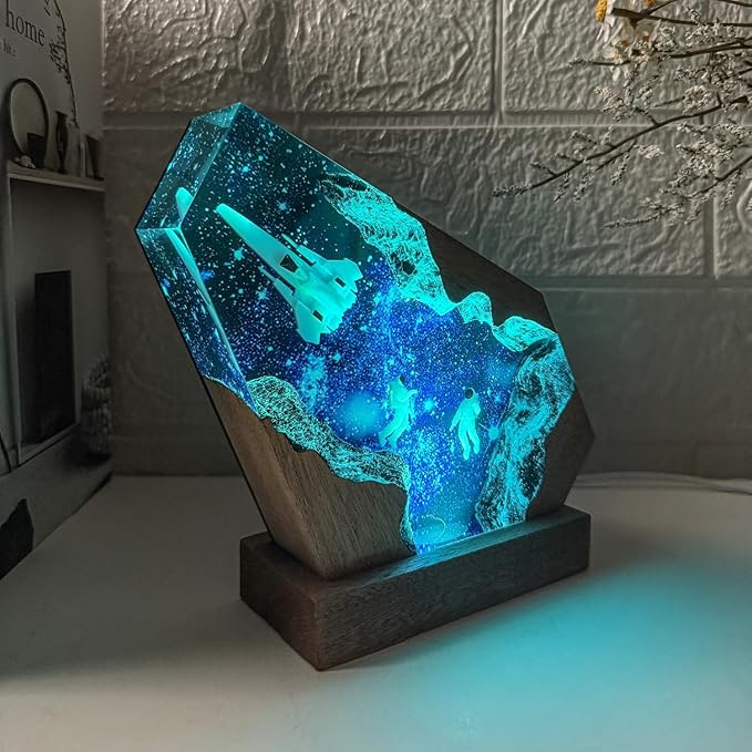 Space Resin Lamp - Handmade Galaxy Resin Night Light with USB Port, Variable Lights, Space Gifts for Adults, Astronaut Enthusiast Collectibles, Unique Birthday Gifts for Him & Her (10"x6")