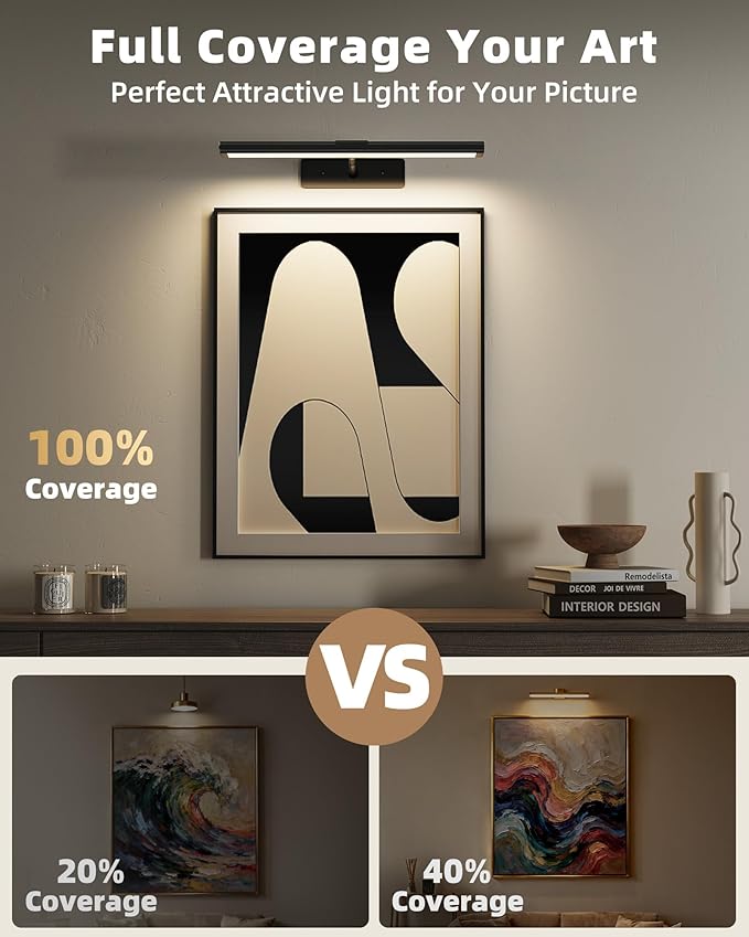 EZVALO Picture Light for Wall, 4800mAh Rechargeable Wireless Remote Battery Lights for Painting, 16In Dimmable Magnetic LED Art Display Light, Colors Temperatures, for Gallery, Living Room,Hallway