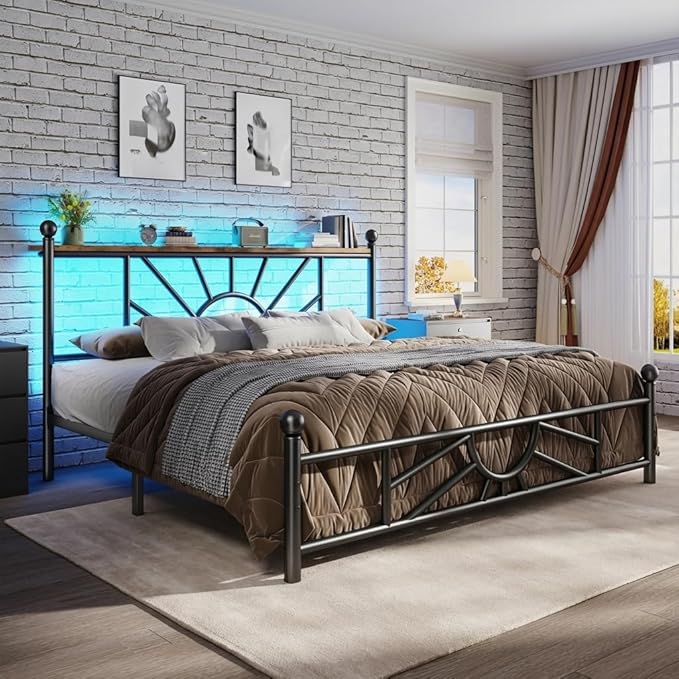 Queen Size Bed Frame Metal Platform with Headboard & LED Light, Bed Frame with Under Bed Storage/No Box Spring Needed/Noise-Free/Easy Assembly, Black