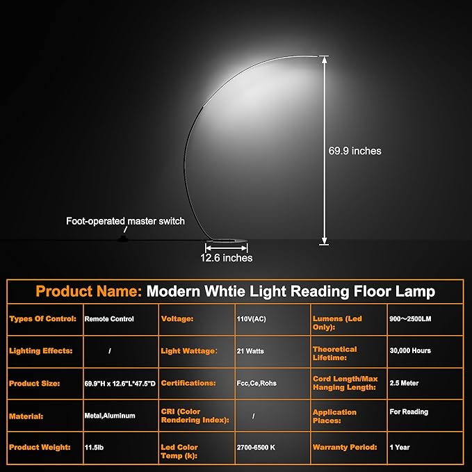 Adjustable White Light Modern 69.99 inch Arched Standing Reading Floor Lamp with Remote - Dimmable Black Led Curved Light for Bedroom and Reading Room