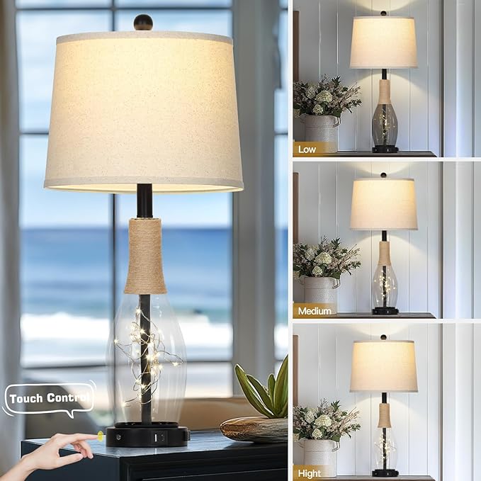 28" Tall Coastal Table Lamps Set of 2, Glass Black Modern Table Lamps with 3-Way Dimmable Touch Control Fairy Lights & Type-C Charging, Beach Nautical Bedside Lamps for Living Room Bedrooms End Table