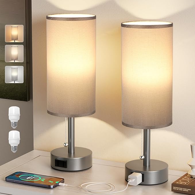 Fenmzee Dark Grey Bedside Table Lamps Set of 2-3 Color Temperatures Pull Chain Lamp with AC Outlet Charging Port, Small Round Night Stand Lamps for Bedroom, Bed Side Light with E26 LED Bulbs