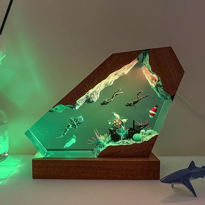 Whale Shark Ocean Resin Lamp - Handmade Resin Night Light with USB Port, Variable Lights, Scuba Diver Gifts, Ocean and Diving Enthusiast Collectibles, Unique Birthday Gifts for Him & Her (8"x5")