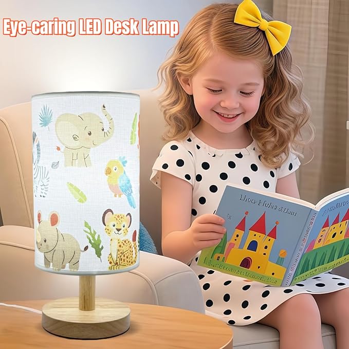 Kids Table Lamp-Night Light for Boys Room,3-Color LED Desk Lamp with Baby Elephant Zebra Giraffe Tiger Pattern Bedside Lamp Safari Animal Lampshade and Wood Base for Living Nursery Child Room Study