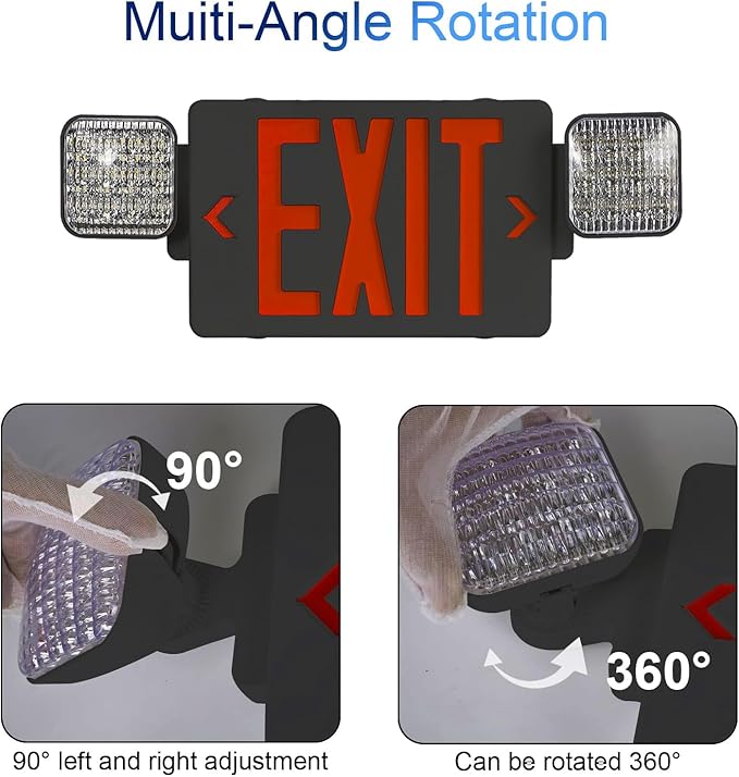 CM MZY Black Housing Exit Sign with Emergency Light, Red Exit Signs with Battery Backup,Combo for Business,Two Adjustable Square Head,US Standards,UL Certified,120V/277V AC,4 Pack