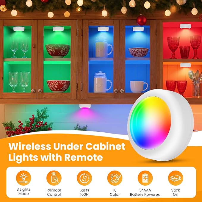 LED Puck Lights with Remote Control, 16 Color Changing Under Cabinet Lighting with Dimmer & Timer, AAA Battery Operated,Under for Closet Bedroom Kitchen, Stair (6 Pack White)