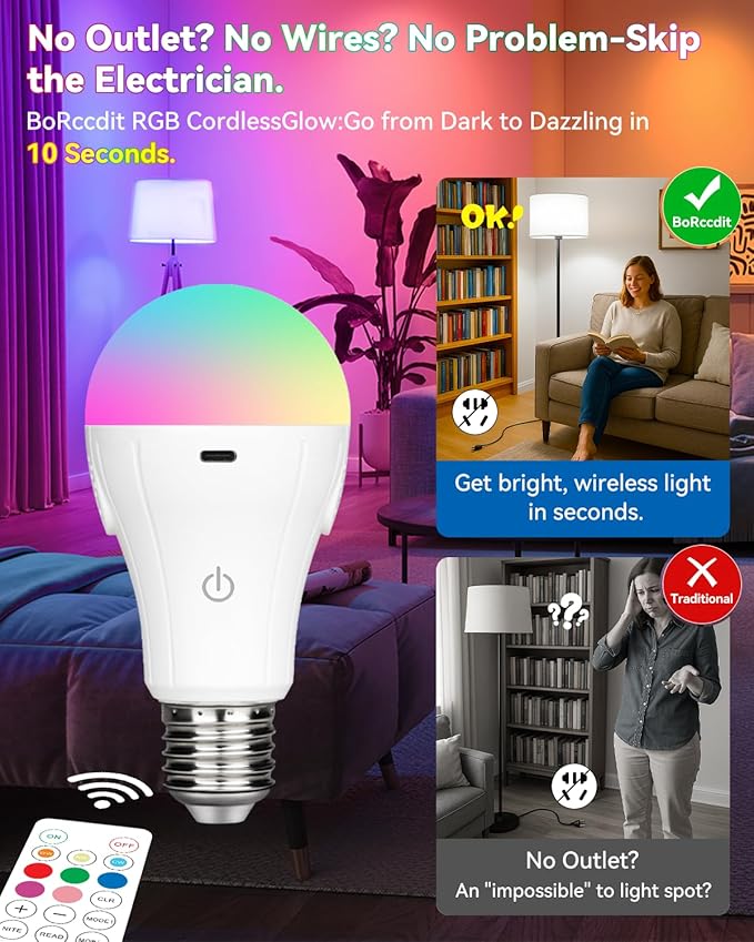 CordlessGlow Rechargeable Light Bulbs with Remote,5 RGB + 3 CCT Dimmable Battery Operated Light Bulb for Hardwired & Non-Wired Lamps Sconces,Presets + Custom Scenes,Up to 24 Hours, 4PK