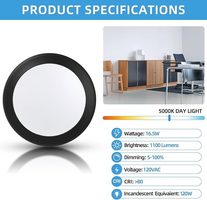 ECOELER 6 Inch LED Disk Lights, Dimmable Surface Mount/Recessed Ceiling Downlight, 16.5W 1100Lm 5000K Daylight, Retrofit Disc Ceiling Light for Stairwell, Basement, Garage, ETL Listed, Black, 6 Pack