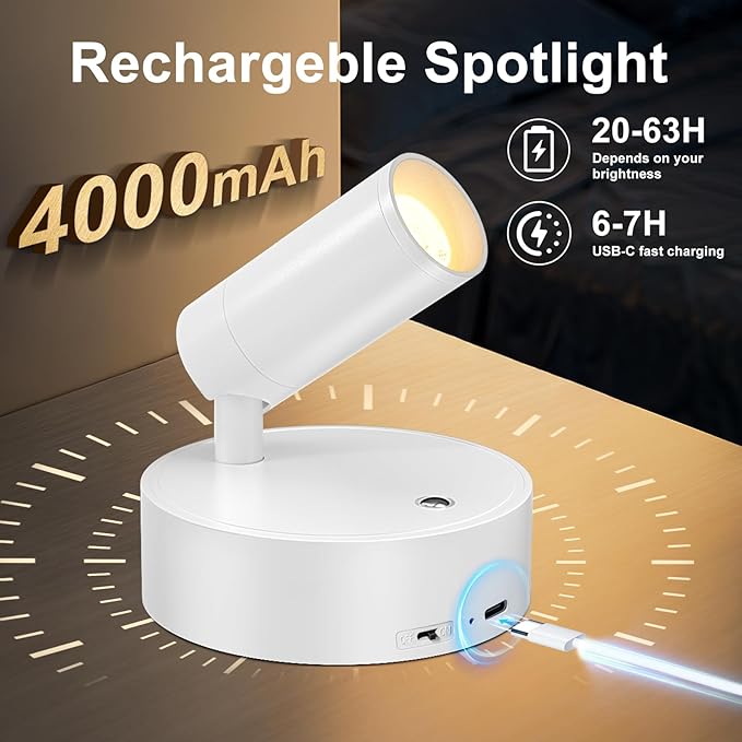 Kimjo Spot Lights Indoor, 4000mAh Rechargeable Plant Spotlight Indoor with Remote, Battery Operated Picture Lights with Timer Dimmable, Uplighting for Wall Art Display