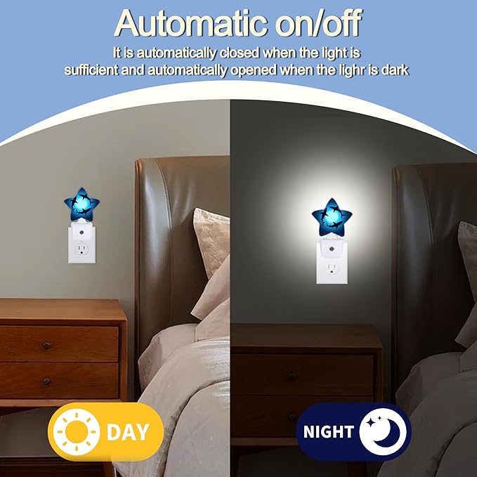 Night Light,Coastal Shark Plug into Wall with Dusk to Dawn Light Sensors,Blue Ocean Sea Warm Star Nightlights for Bedroom,Bathroom,Hallway,Kitchen Home Decor Desk Lamp