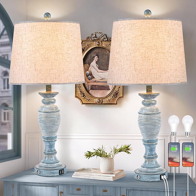 Blue Lamps Set of 2, 27.7" Table Lamps for Living Room with USB A+C Ports, Touch Lamp for Bedroom, 2 Bulbs Included