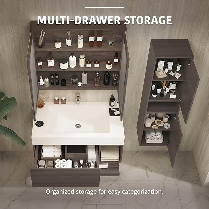 24" Modern Floating Bathroom Vanity Set with Sink, Side Cabinet, LED Smart Mirror Cabinet, Soft-Close Drawer & Open Storage Shelves, Grey Oak