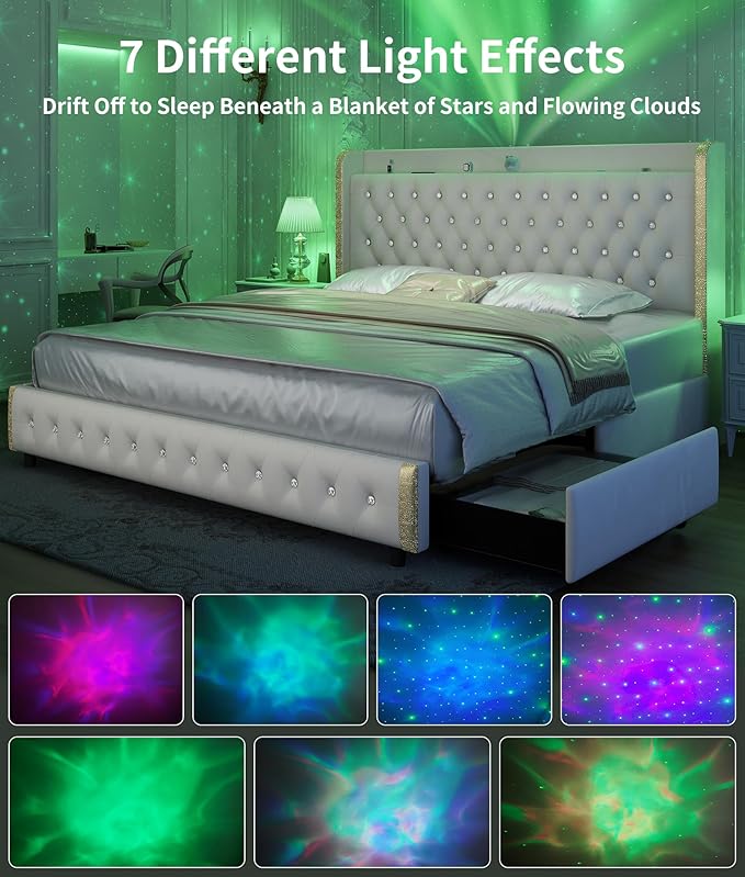 Full Wingback Modern Platform Bed with Galaxy Projector, 4 Dust-Proof Storage Drawers, LED Bed Frame, USB Ports, No Box Spring Needed & Noise-Reduction Sturdy Wood Slats, Velvet Cream