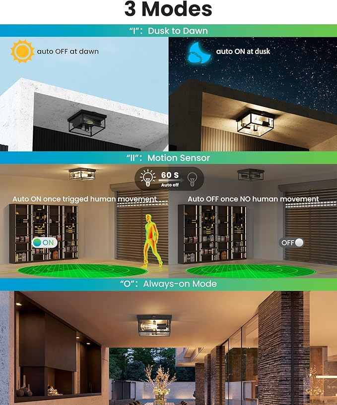 Outdoor Ceiling Light with Motion Sensor, Flush Mount Porch Light, Exterior Light Fixture with Clear Glass, Dusk to Dawn 2-Light Fixture for Patio,Porch (8.5in 2Pack)