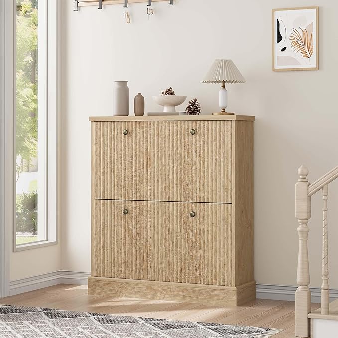GarveeHome Shoe Cabinet with 2 Flip Drawers, Hidden Wooden Fluted Shoe Cabinet with Adjustable Shelf, Freestanding Shoe Storage Cabinet for Entryway Hallway, Living Room, Natural Oak