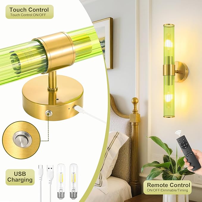 Gold Battery Operated Wall Sconces Set of 2, Rechargeable Wall Lights with Remote Control, 20 Inch Modern Wireless Wall Lamp for Bedroom, Living Room with Green Shade (Bulbs Included)