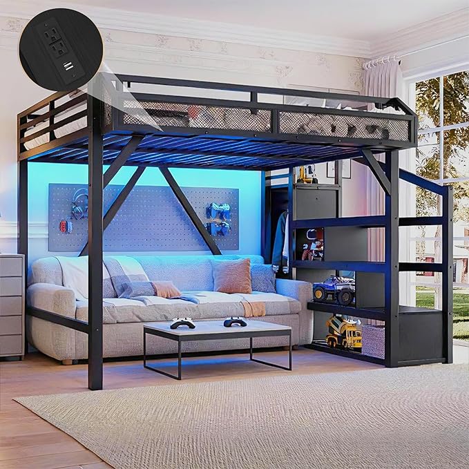 Bellemave Queen Loft Bed Frame with Storage Stairs, Beside Shelf & Wardrobe, Metal Queen Size Loft Bed with USB Ports & LED Light, Large Under-Bed Space Loft Beds for Adults, Teens, Kids, Black