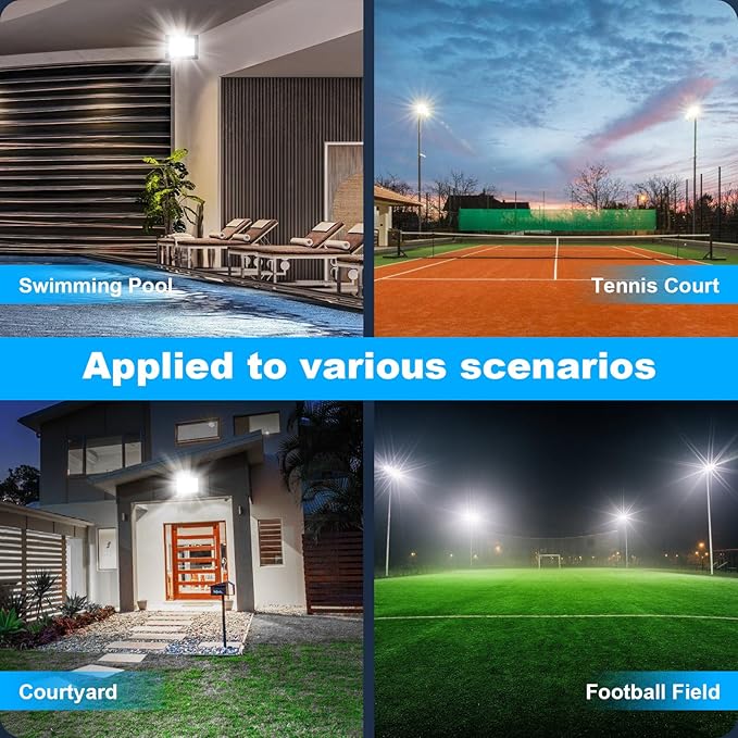 80W LED Flood Light with Plug, 9600Lm Super Brighter Security Lights with 6ft Wire, 5000K Daylight White IP66 Waterproof Outdoor Work Light Floodlight for Yard Stadium Garden, 2 Pack